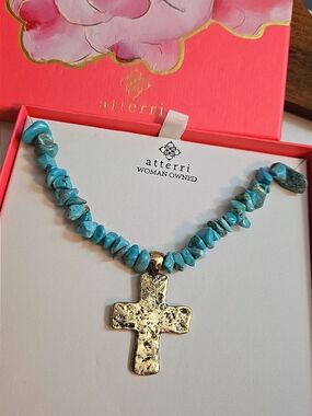Turquoise Chip Cross Necklace - Blue Pendant